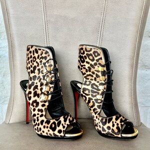 Christian Louboutin Troubida 100 Leopard Print Heels Gold and Black Accents 38